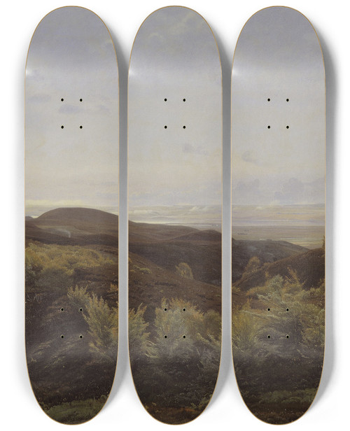 Triptych art skateboard deck of Harald Foss Heather Hills Near Rye Jutland by Harald Foss (1843-1922)