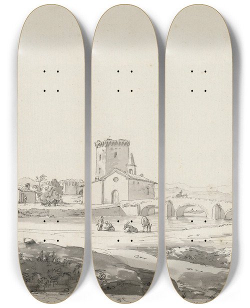 Triptych art skateboard deck of Carlo Labruzzi A Village On A River With A Threearched Bridge Beside A Small Church And A Fortified Building Beyond by Carlo Labruzzi (1748-1817)
