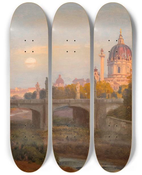 Triptych art skateboard deck of Anton Hlavacek Blick Vom Wienfluss Gegen Elisabethbrcke Und Karlskirche by Anton Hlavacek (1842-1926)