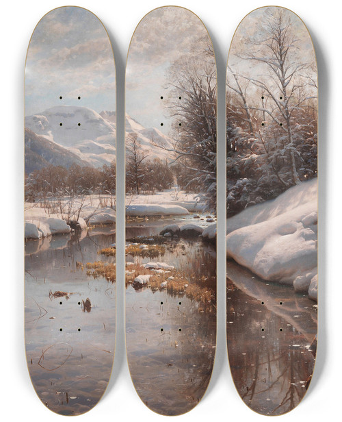 Triptych art skateboard deck of Peder Mrk Mnsted Winter Sun In Engadin by Peder Mork Monsted (1859-1941)