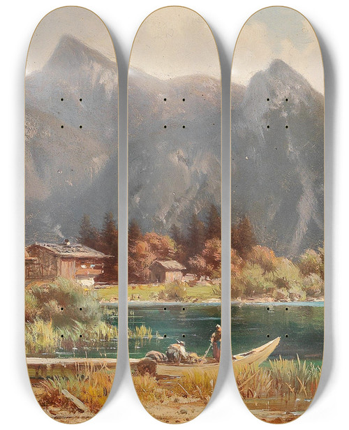 Triptych art skateboard deck of Ludwig Sckell Summer On Schliersee by Ludwig Sckell (1833-1912)