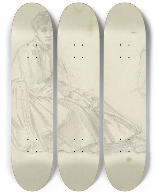 Triptych art skateboard deck of Jakob Becker Studienblatt Eine Sitzende Und Eine Lesende Frau Ein Kind Sowie Ein Sitzender Weiblicher Akt Nach Links by Jakob Becker (1810-1872)