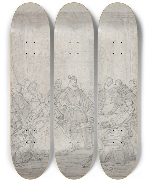 Triptych art skateboard deck of Nicaise De Keyser The Archdukes Albert And Isabella Visit The Printer Plantin_2 by Nicaise De Keyser (1813-1887)