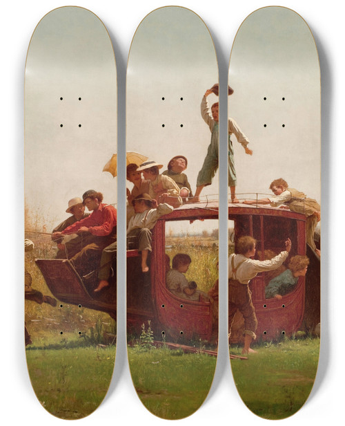 Triptych art skateboard deck of Eastman Johnson The Old Stagecoach by Eastman Johnson (1824-1906)