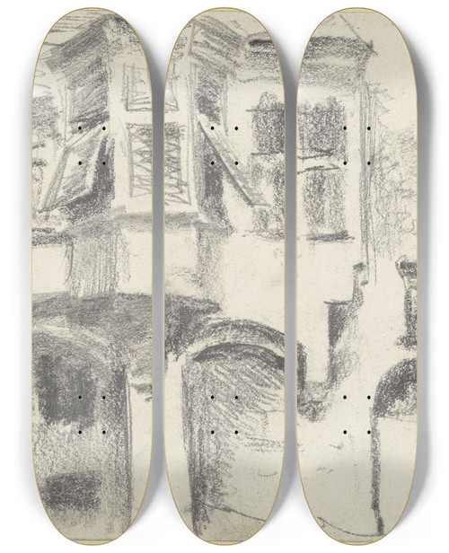 Triptych art skateboard deck of Adolph Von Menzel House In Brixen by Adolph Von Menzel (1815-1905)