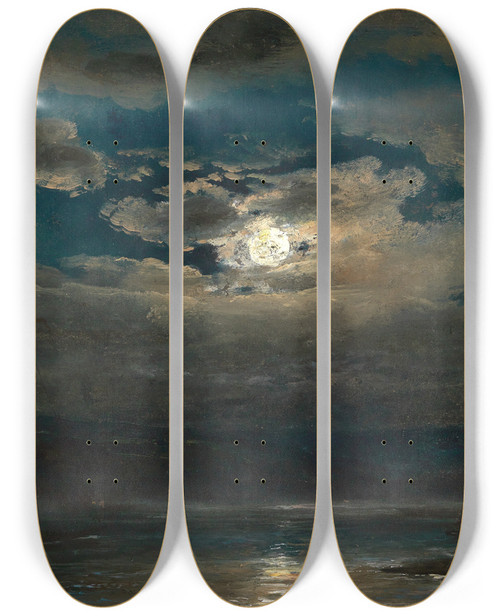 Triptych art skateboard deck of Johan Christian Dahl Elblandschaft Bei Dresden Im Mondschein by Johan Christian Dahl (1788-1857)
