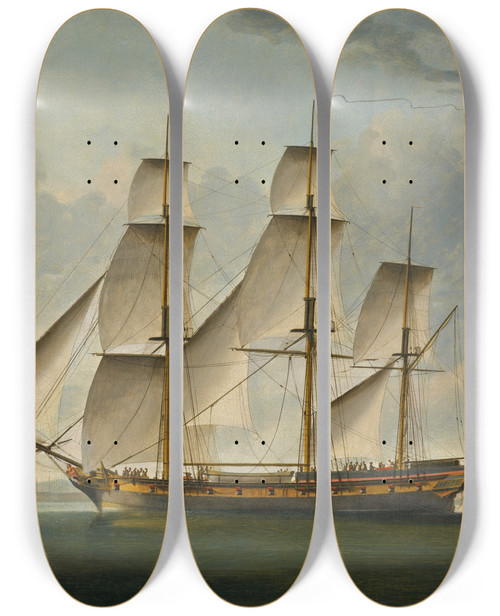 Triptych art skateboard deck of Robert Dodd The East Indiaman Delaford In Two Positionspassing Deptford The Royal Hospital At Greenwich Beyond by Robert Dodd (1748-1815)