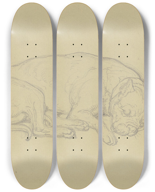 Triptych art skateboard deck of Ferdinand Fellner Sleeping Dog by Ferdinand Fellner (1799-1859)