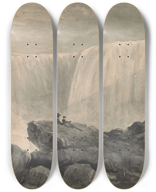 Triptych art skateboard deck of Isaac Weld View Of Niagara Falls With Two Figures Sitting On A Rock Center Foreground by Isaac Weld (1774-1856)