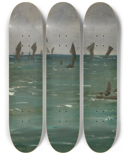 Triptych art skateboard deck of Douard Manet Boats At Bercksurmer by douard Manet (1832-1883)
