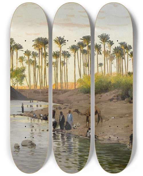 Triptych art skateboard deck of Wilhelm Kuhnert Egyptian Landscape William Kuhnert by Wilhelm Kuhnert (1865-1926)