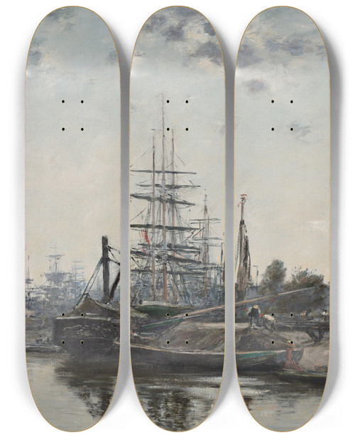 Triptych art skateboard deck of Eugne Boudin View Of Bordeaux From The Quai Des Chartrons by Eugene Boudin (1824-1898)