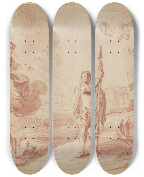 Triptych art skateboard deck of Pieter Tanj Ein Krieger Vor Einer Gttin Auf Wolken by Pieter Tanje (1706-1761)
