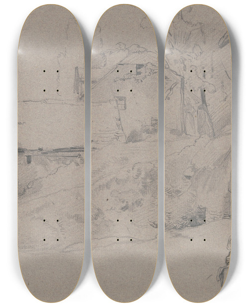 Triptych art skateboard deck of Jakob Frchtegott Dielmann Studienblatt Bauernhuser An Einem Abhang Ein Kopf Zwei Sitzende Mdchen Und Andere Entwrfe by Jakob Furchtegott Dielmann (1809-1885)