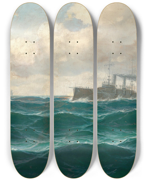 Triptych art skateboard deck of Max Jensen A Seascape With Cruiser by Max Jensen (1860-1907)
