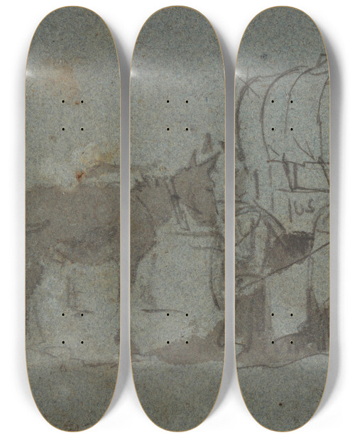 Triptych art skateboard deck of Winslow Homer Army Wagon And Mule by Winslow Homer (1836-1910)