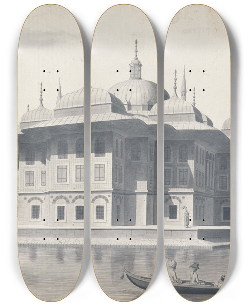 Triptych art skateboard deck of Willey Reveley Man In A Boat Being Rowed Past A Pavilion by Willey Reveley (1760-1799)