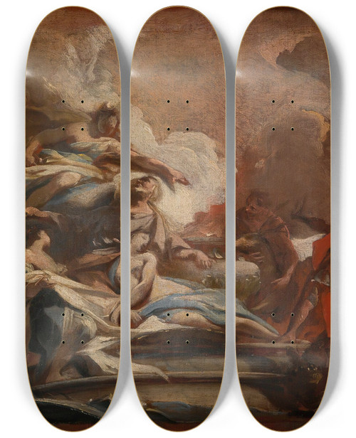 Triptych art skateboard deck of Carlo Carlone The Sacrifice Of Iphigenia by Carlo Carlone (1686-1775)