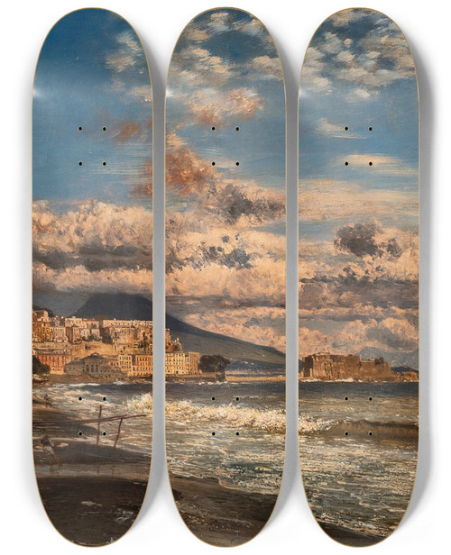 Triptych art skateboard deck of Rudolf Von Alt Naples View From The Northwest Over The Bay Of Naples With Vesuvius In The Background by Rudolf Von Alt (1812-1905)