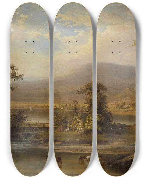 Triptych art skateboard deck of Robert S Duncanson Landscape With Cows Watering In A Stream by Robert S Duncanson (1821-1872)
