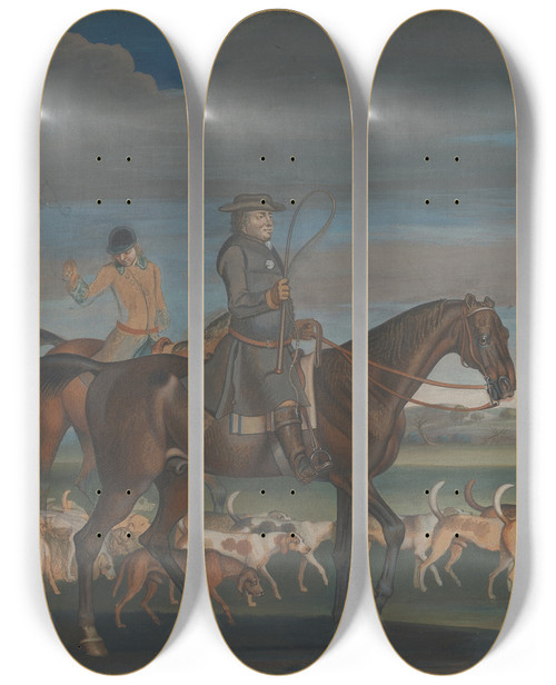 Triptych art skateboard deck of James Seymour Setting Off For The Chase The Huntsman Leading Out A Pack Of Harriers Followed By The Master And The Whipperin by James Seymour (1697-1752)