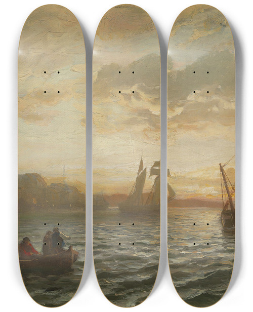 Triptych art skateboard deck of Hans Gude View From The Oslofjord by Hans Gude (1825-1903)