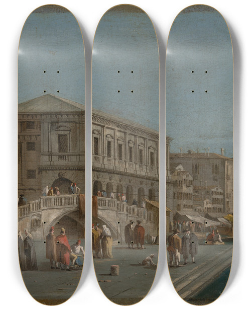 Triptych art skateboard deck of Francesco Guardi A View Of The Molo And The Riva Degli Schiavone Invenice by Francesco Guardi (1712-1793)