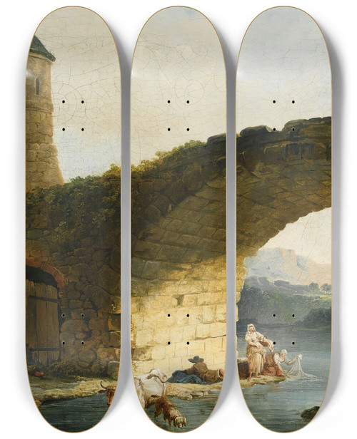 Triptych art skateboard deck of Hubert Robert A Capriccio River Landscape With Washerwomen Near A Ruined Bridge by Hubert Robert (1733-1808)