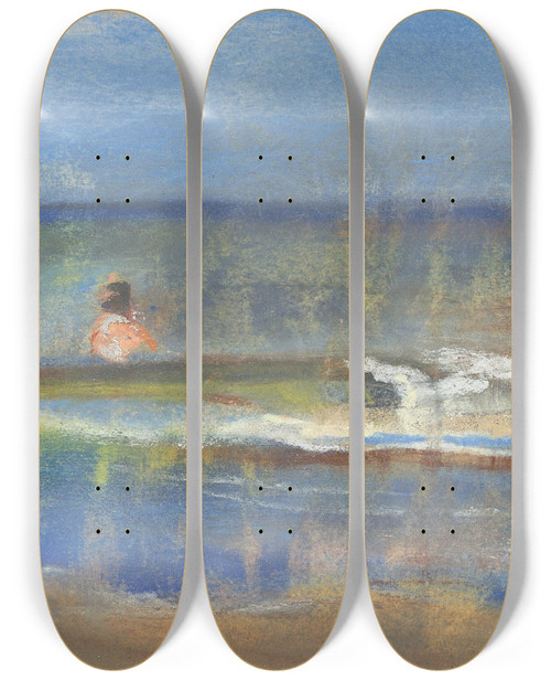 Triptych art skateboard deck of Max Liebermann Badende Im Meer by Max Liebermann (1847-1935)