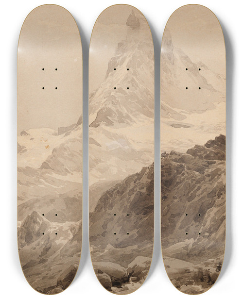 Triptych art skateboard deck of Edward Theodore Compton Das Matterhorn Von Der Triftkumme_2 by Edward Theodore Compton (1849-1921)