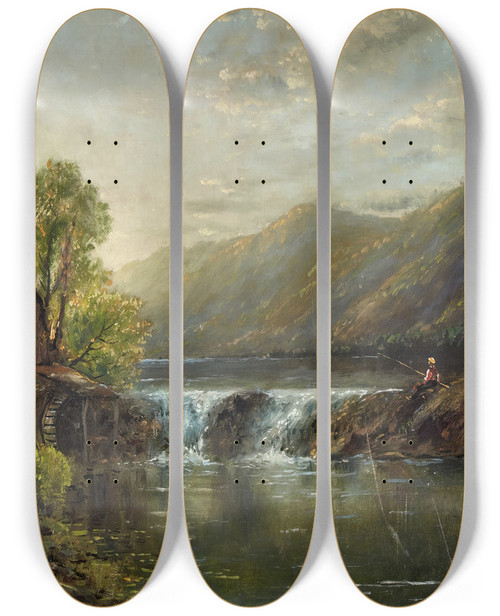 Triptych art skateboard deck of Edmund Darch Lewis The Old Mill Stream by Edmund Darch Lewis (1835-1910)