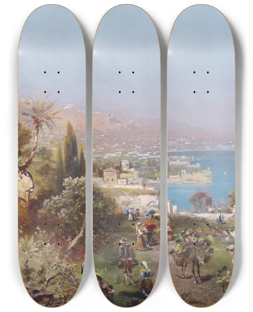Triptych art skateboard deck of Robert Alott Reges Treiben In Einer Sdlichen Hafenstadt by Robert Alott (1850-1910)