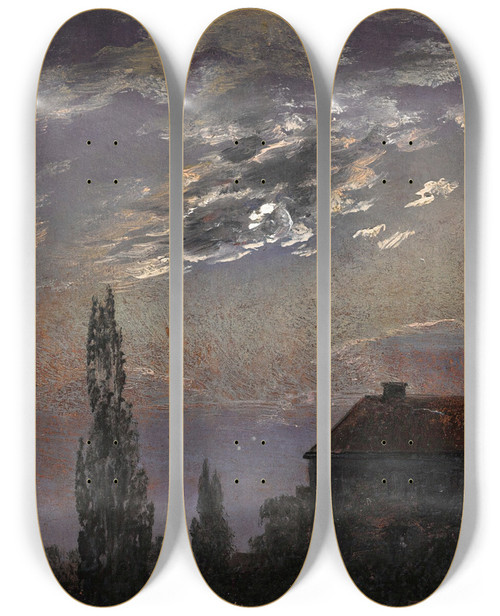 Triptych art skateboard deck of Johan Christian Dahl Moonlit Landscape by Johan Christian Dahl (1788-1857)