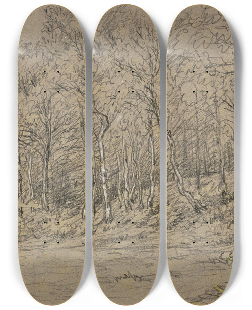 Triptych art skateboard deck of Jakob Maurer Birch Trees At The Edge Of The Forest_2 by Jakob Maurer (1826-1887)