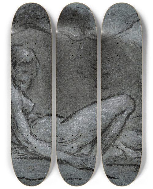 Triptych art skateboard deck of Pierrepaul Prudhon Jeune Femme Nue Allonge by Pierre-Paul Prud'hon (1758-1823)