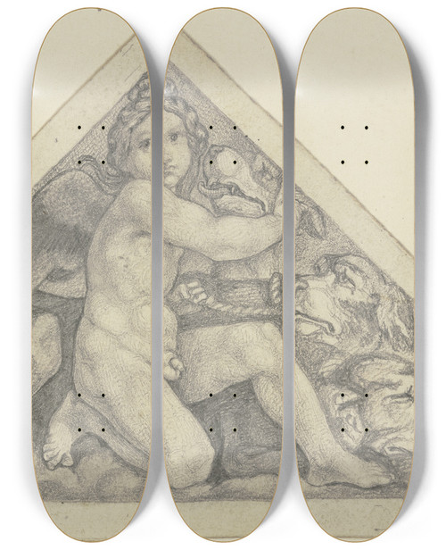 Triptych art skateboard deck of Eugen Eduard Schffer Erot With Cerberus_1 by Eugen Eduard Schaffer (1802-1871)