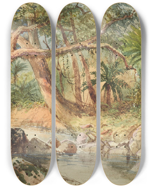 Triptych art skateboard deck of Nicholas Chevalier Creek At Holmes Bay Banks Peninsula Fuschia Trees by Nicholas Chevalier (1828-1902)