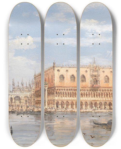 Triptych art skateboard deck of Giovanni Grubacs The Piazzetta And Doges Palace by Giovanni Grubacs (1829-1919)