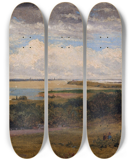 Triptych art skateboard deck of John Henry Hill Study For View Of New York City From New Jersey by John Henry Hill (1839-1922)