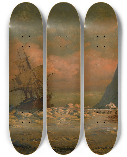 Triptych art skateboard deck of William Bradford Shipping Vessel With Ice Floes And Figures by William Bradford (1823-1892)