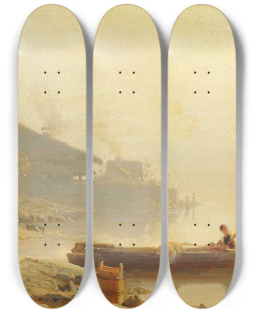Triptych art skateboard deck of Karl Girardet Unloading The Catch by Karl Girardet (1813-1871)