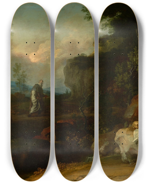 Triptych art skateboard deck of Francesco De Mura Saint Anthony Visiting Saint Paul Of Thebes In The Desert by Francesco de Mura (1696-1782)