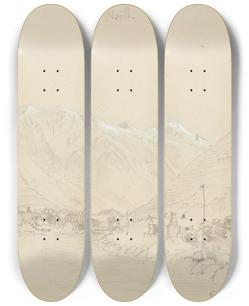 Triptych art skateboard deck of Nicholas Chevalier View From The Otira Towards Teremakau by Nicholas Chevalier (1828-1902)