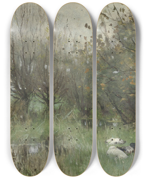 Triptych art skateboard deck of Geo Poggenbeek Eenden Bij Een Wilgenbosje by Geo Poggenbeek (1853-1903)