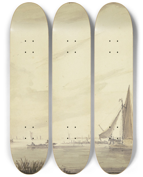 Triptych art skateboard deck of Jan Van De Cappelle Marine Mit Vielen Schiffen Links Bei Einer Langen Signalstange Ein Fischer Mit Netzen by Jan van de Cappelle (1626-1679)