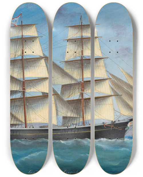 Triptych art skateboard deck of Basilio Ivankovic The Barque Maria Of Captain Emilio Persich Sailing Under All Sails And The Austrohungarian Merchant Flag Off The Home Coast by Basilio Ivankovic (1815-1898)