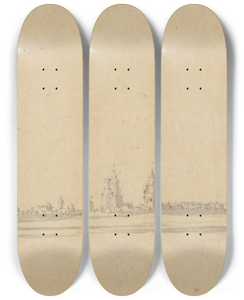 Triptych art skateboard deck of Willem Van De Velde The Younger View Of A Dutch Town Delft by Willem van de Velde the Younger (1633-1707)