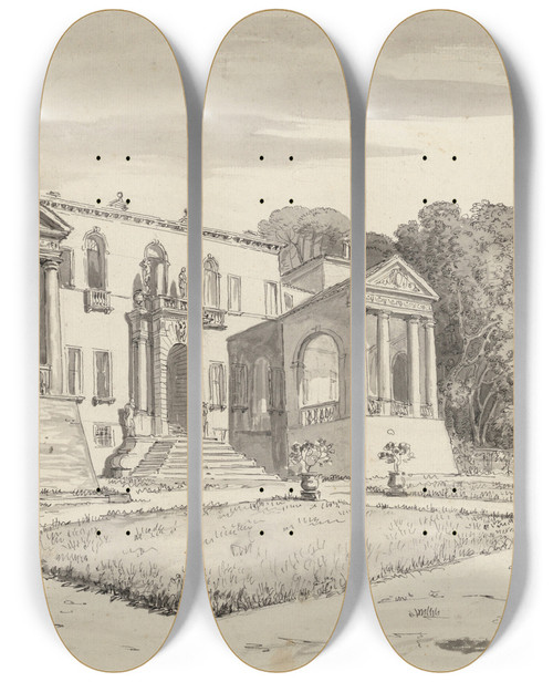 Triptych art skateboard deck of Carlo Labruzzi A View Of A Villa From A Terrace With A Balustrade Surrounded By Statues by Carlo Labruzzi (1748-1817)