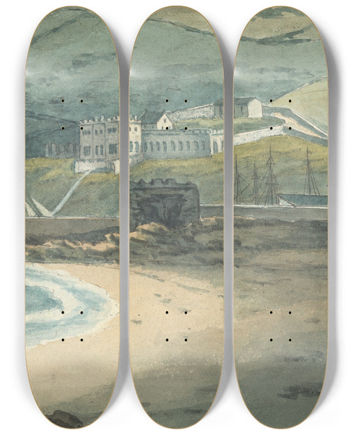 Triptych art skateboard deck of Thomas Bradshaw A Desolate Harbor Surrounded By Moors by Thomas Bradshaw (1767)