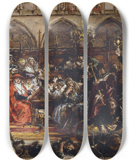 Triptych art skateboard deck of Jan Matejko Influence Of The University On The Country From The Series History Of Civilization In Poland by Jan Matejko (1838-1893)